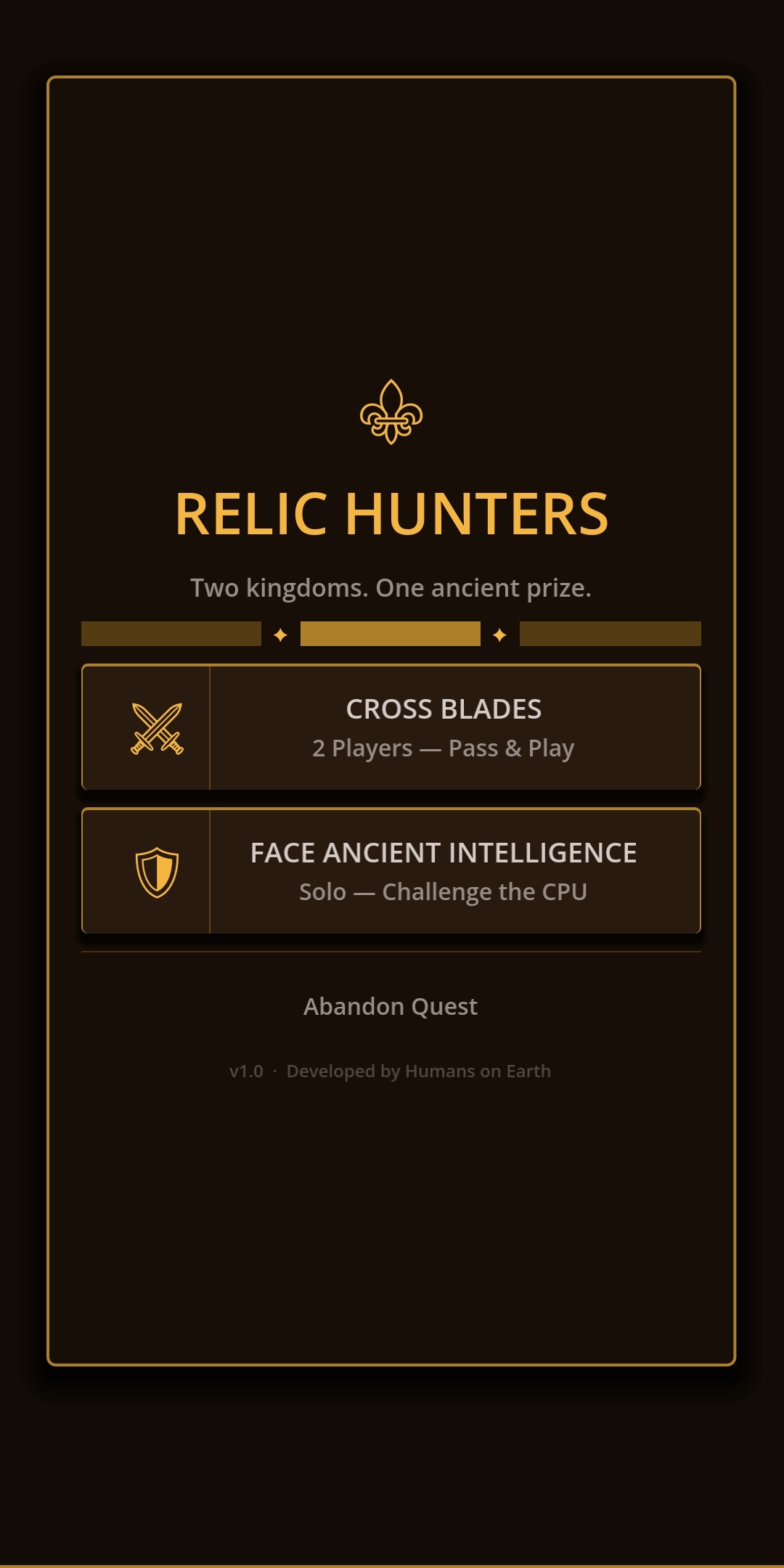 Relic Hunters main menu, choose Pass & Play or Solo vs CPU