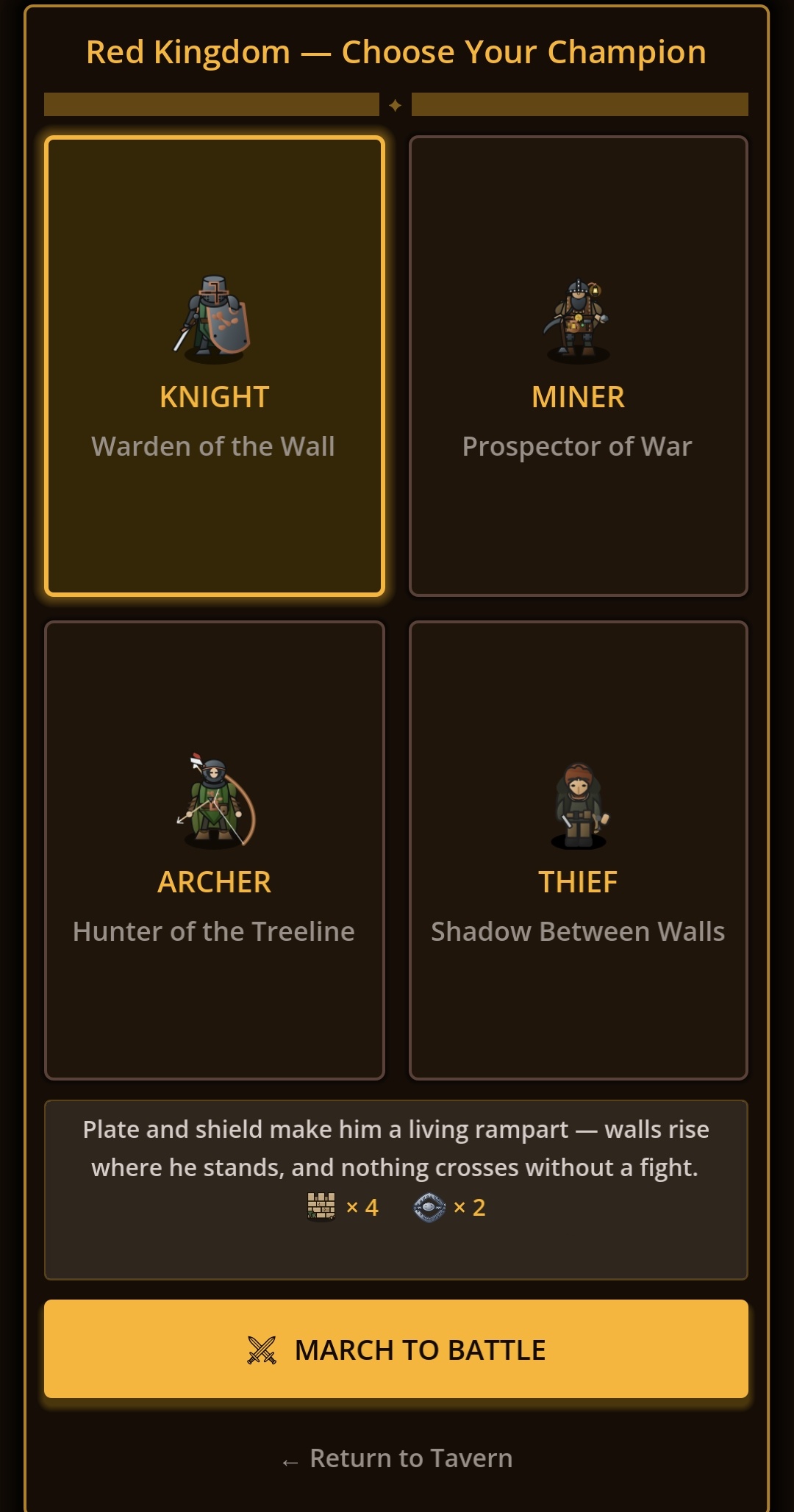 Choosing a champion — Knight, Miner, Archer, or Thief
