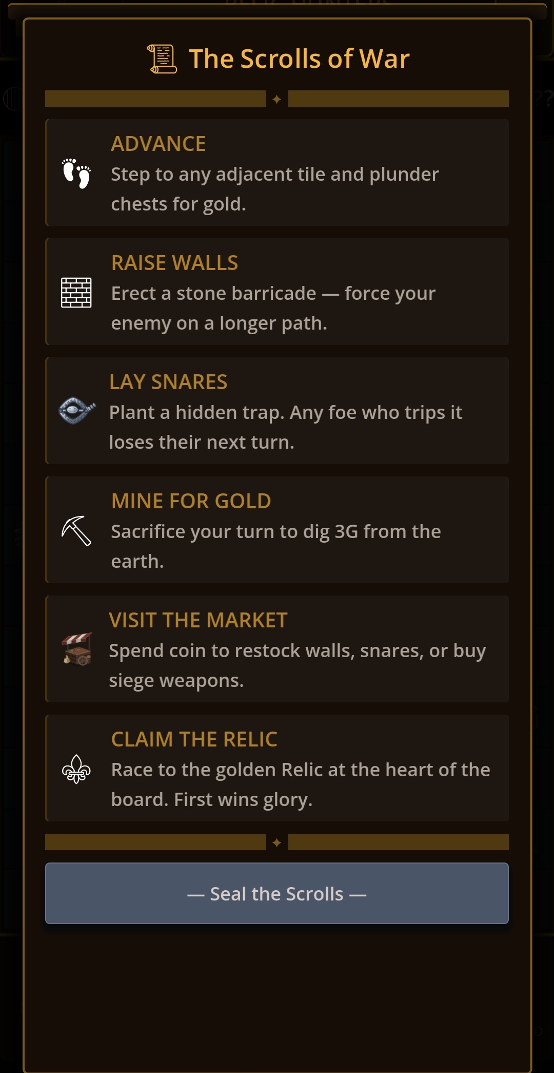 The Scrolls of War rules screen