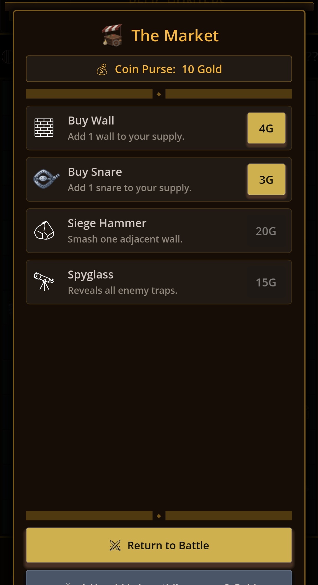 The Market — buying walls, snares, and siege weapons